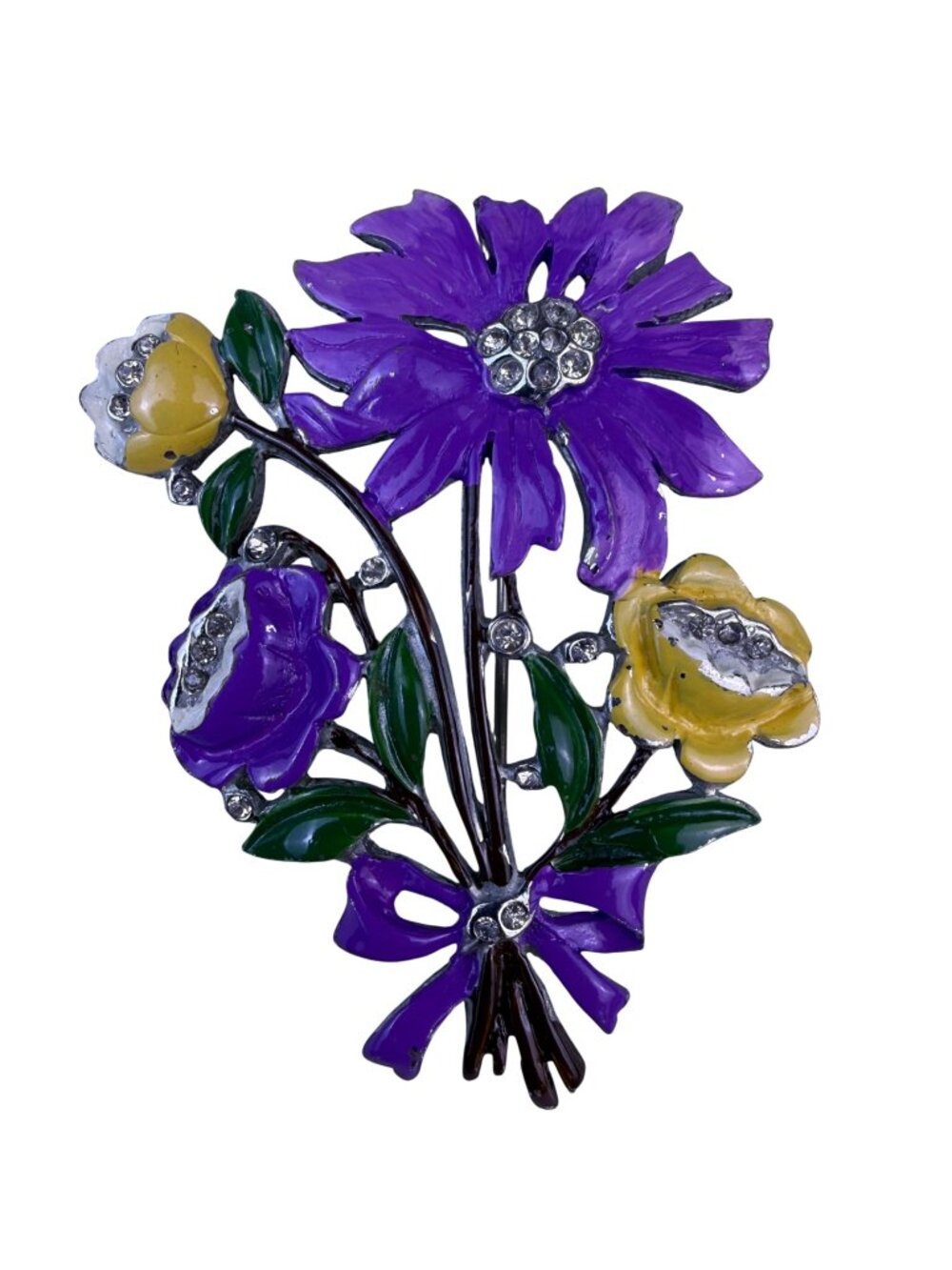 Vintage Multicolor Metal Flower Brooch With Rhinestones & Enamel